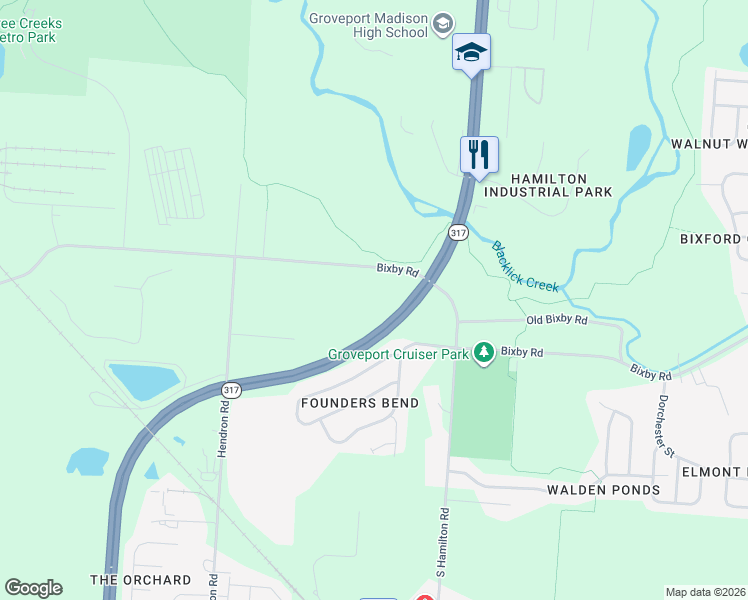 map of restaurants, bars, coffee shops, grocery stores, and more near 4435 Bixby Road in Groveport