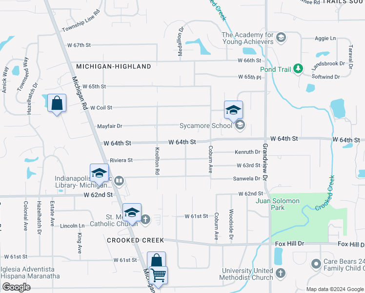 map of restaurants, bars, coffee shops, grocery stores, and more near 2001 West 64th Street in Indianapolis