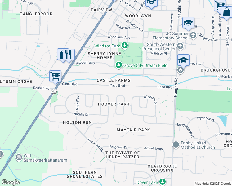 map of restaurants, bars, coffee shops, grocery stores, and more near 4544 Teabury Square South in Grove City
