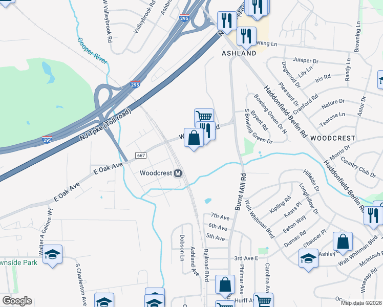 map of restaurants, bars, coffee shops, grocery stores, and more near 101 Woodcrest Road in Cherry Hill