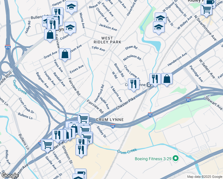map of restaurants, bars, coffee shops, grocery stores, and more near 321 Morris Avenue in Crum Lynne