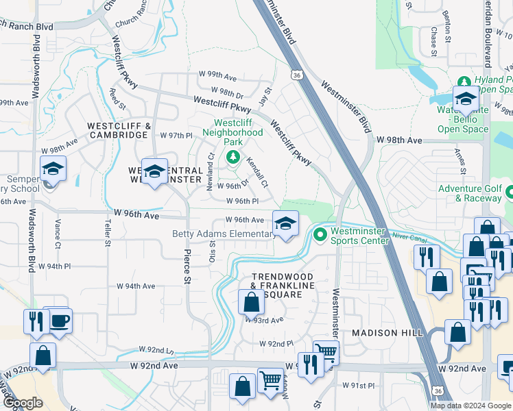 map of restaurants, bars, coffee shops, grocery stores, and more near 6398 West 96th Place in Westminster