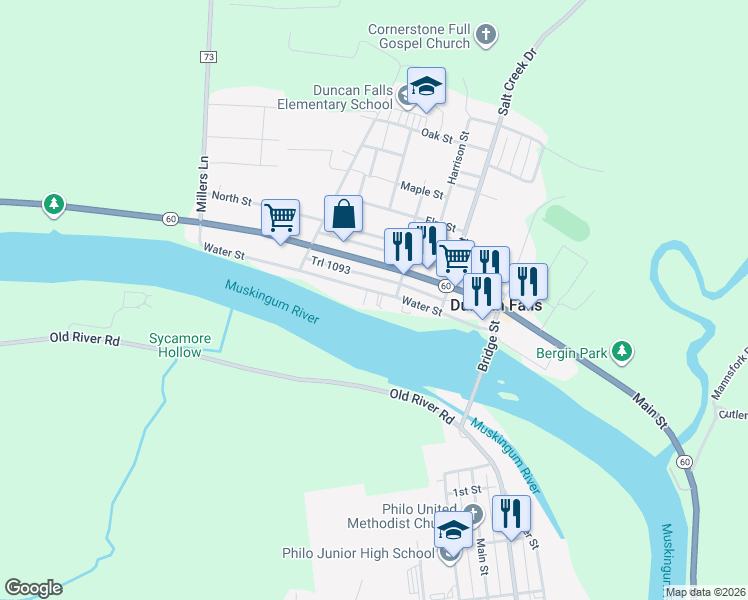 map of restaurants, bars, coffee shops, grocery stores, and more near 306 Water Street in Duncan Falls