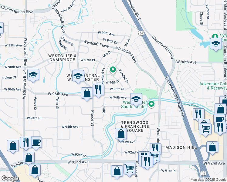 map of restaurants, bars, coffee shops, grocery stores, and more near 6510 West 96th Place in Westminster