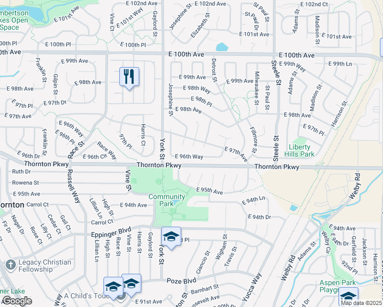 map of restaurants, bars, coffee shops, grocery stores, and more near 2463 East 96th Way in Thornton