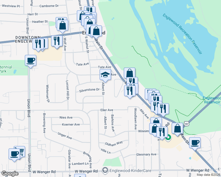 map of restaurants, bars, coffee shops, grocery stores, and more near 702 Albert St in Englewood