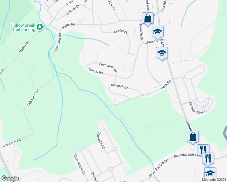 map of restaurants, bars, coffee shops, grocery stores, and more near 611 Monarch Drive in York