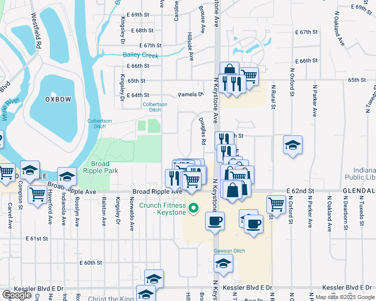 map of restaurants, bars, coffee shops, grocery stores, and more near 6303 Burlington Avenue in Indianapolis