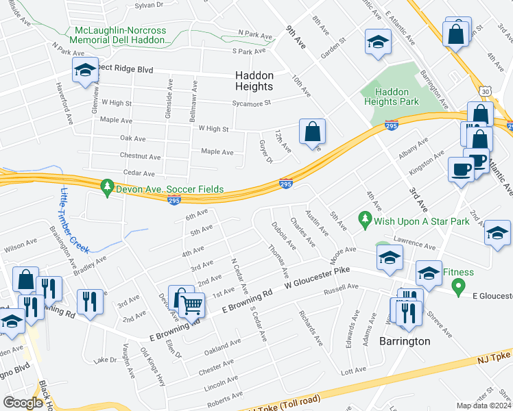 map of restaurants, bars, coffee shops, grocery stores, and more near 497 Thomas Avenue in Barrington