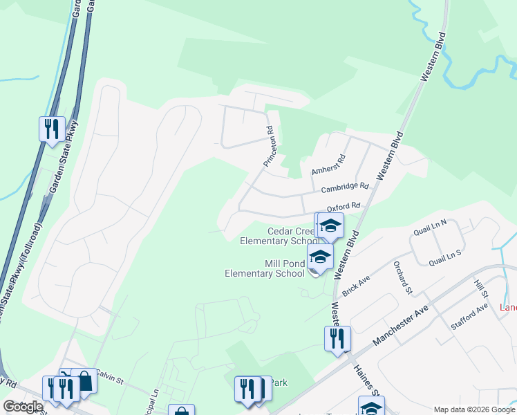 map of restaurants, bars, coffee shops, grocery stores, and more near 736 Oxford Road in Lacey Township