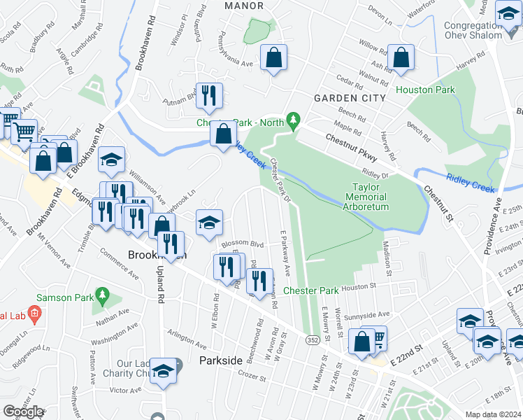map of restaurants, bars, coffee shops, grocery stores, and more near 236 East Avon Road in Brookhaven