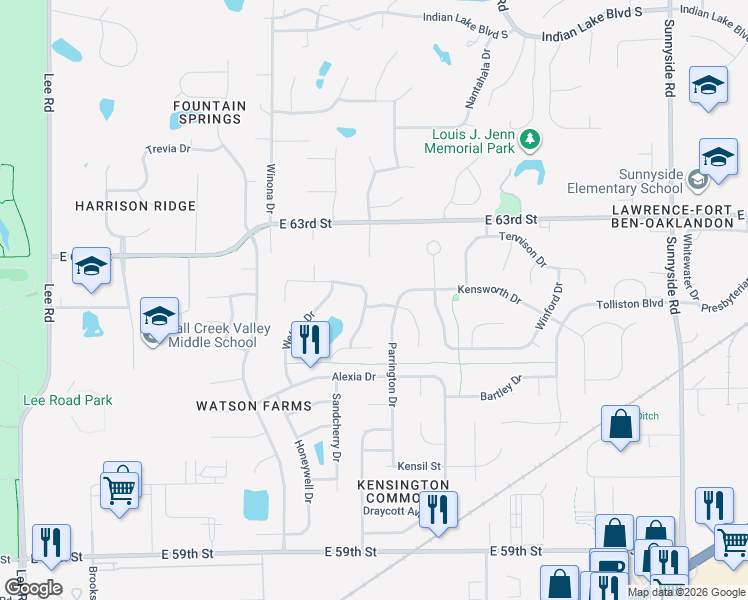 map of restaurants, bars, coffee shops, grocery stores, and more near 10326 Ledgestone Drive in Indianapolis