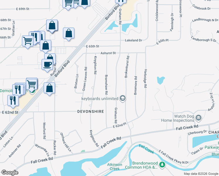 map of restaurants, bars, coffee shops, grocery stores, and more near 6315 Bramshaw Road in Indianapolis