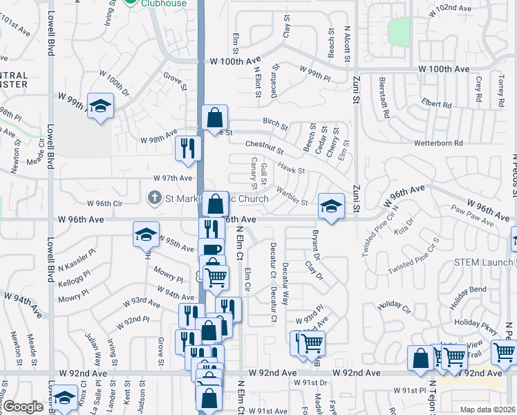 map of restaurants, bars, coffee shops, grocery stores, and more near 2860 Oriole Street in Denver