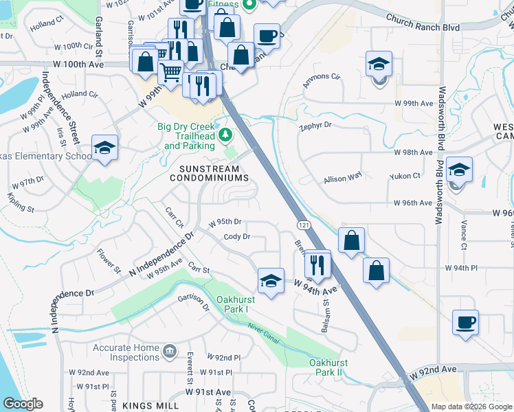 map of restaurants, bars, coffee shops, grocery stores, and more near 9604 Brentwood Way in Westminster