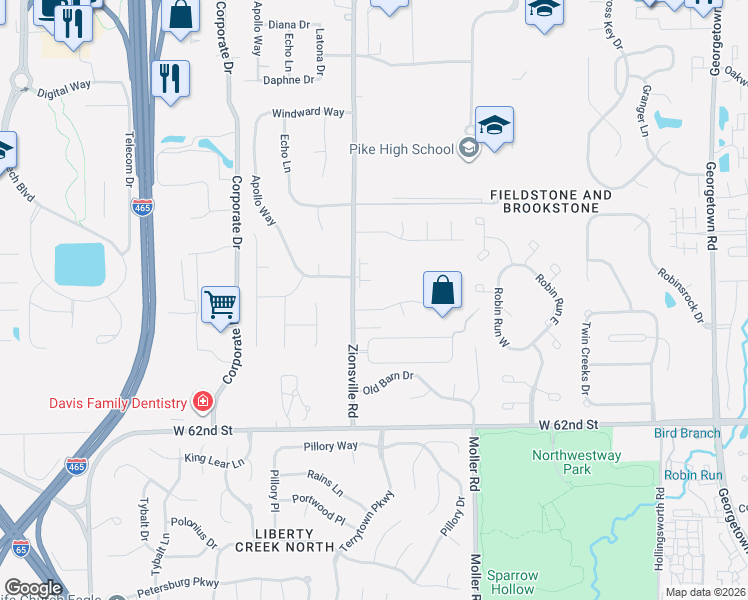 map of restaurants, bars, coffee shops, grocery stores, and more near 5538 North Meadow Drive in Indianapolis