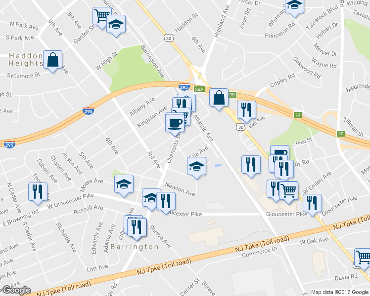 map of restaurants, bars, coffee shops, grocery stores, and more near 130 Trenton Avenue in Barrington