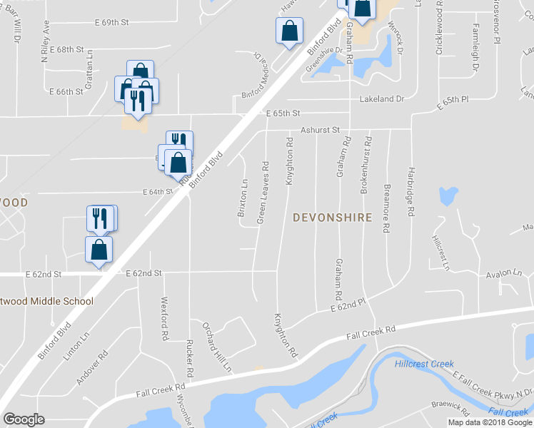 map of restaurants, bars, coffee shops, grocery stores, and more near 6305 Green Leaves Road in Indianapolis