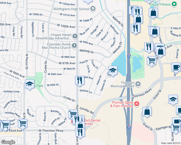 map of restaurants, bars, coffee shops, grocery stores, and more near 9629 Lou Drive in Northglenn
