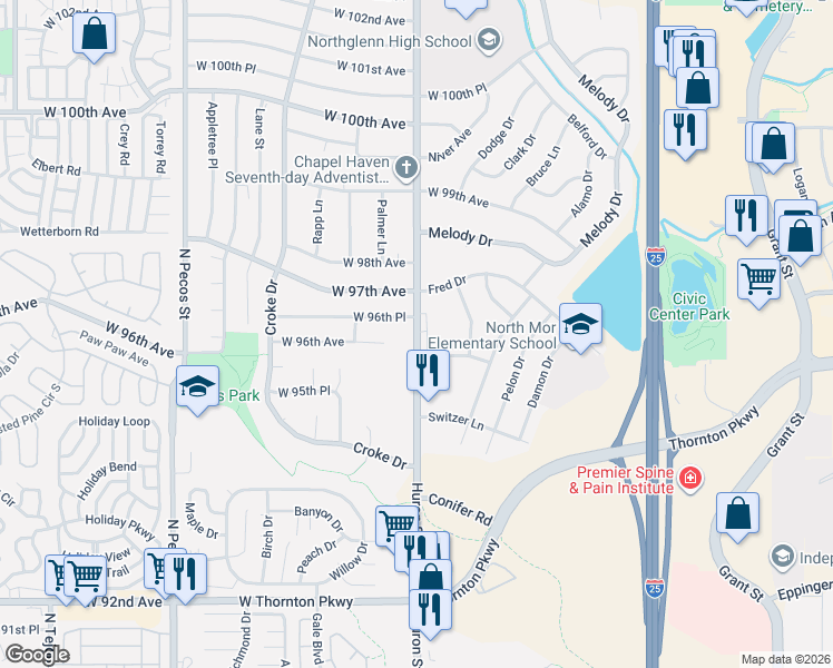 map of restaurants, bars, coffee shops, grocery stores, and more near in Thornton