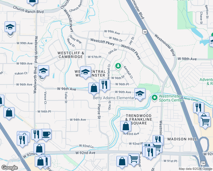 map of restaurants, bars, coffee shops, grocery stores, and more near 6632 West 96th Place in Westminster
