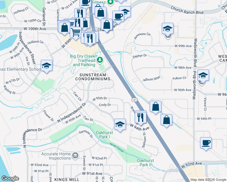 map of restaurants, bars, coffee shops, grocery stores, and more near 9604 Brentwood Way in Westminster