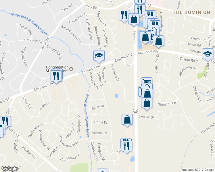 map of restaurants, bars, coffee shops, grocery stores, and more near 50 Fulmar Drive in Voorhees Township