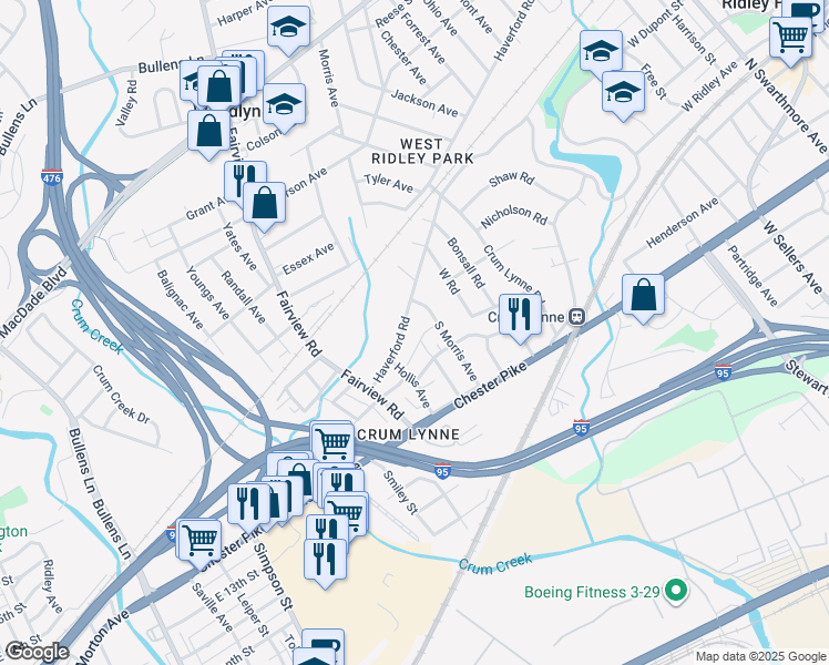 map of restaurants, bars, coffee shops, grocery stores, and more near 1134 Haverford Road in Crum Lynne