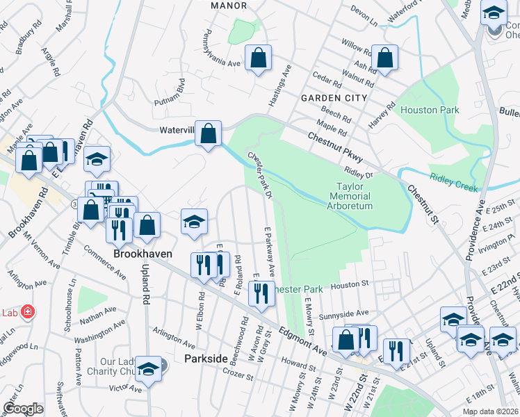 map of restaurants, bars, coffee shops, grocery stores, and more near 224 East Parkway Avenue in Chester