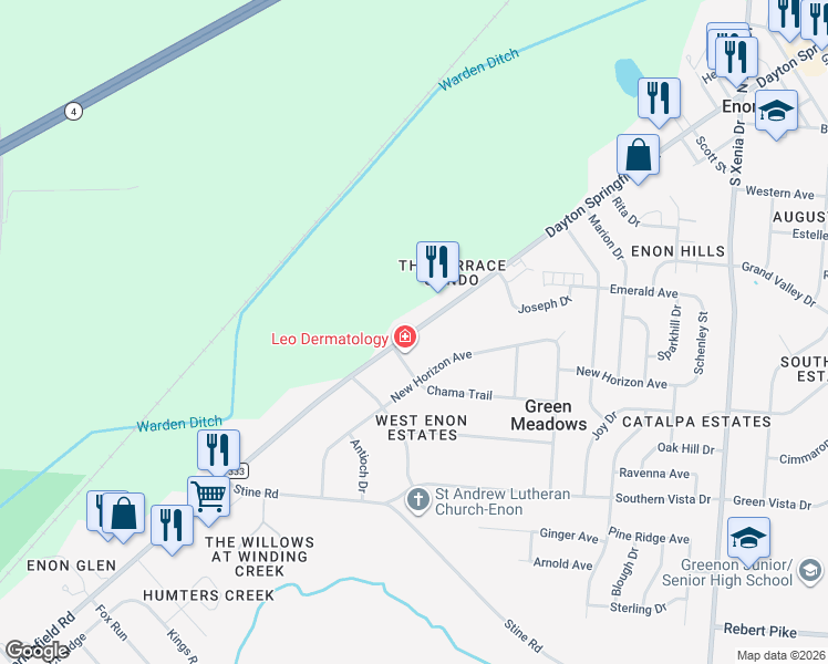 map of restaurants, bars, coffee shops, grocery stores, and more near 7133 Dayton Springfield Road in Enon