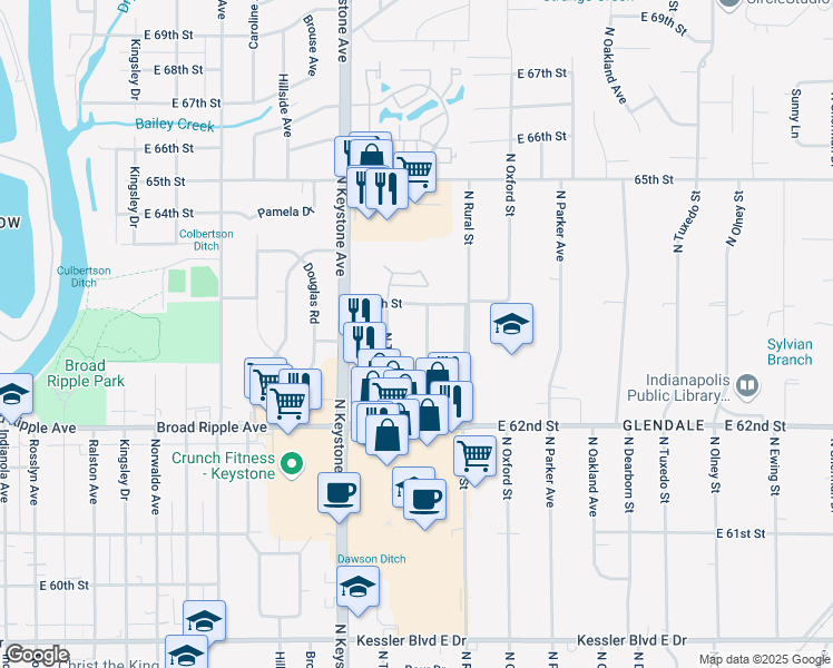 map of restaurants, bars, coffee shops, grocery stores, and more near 6316 North Temple Avenue in Indianapolis