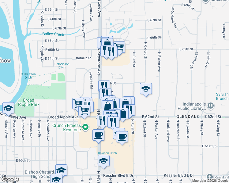 map of restaurants, bars, coffee shops, grocery stores, and more near 6316 North Temple Avenue in Indianapolis