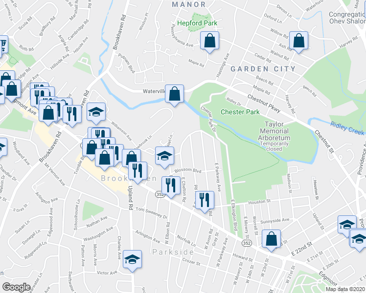 map of restaurants, bars, coffee shops, grocery stores, and more near 123 East Chelton Road in Brookhaven