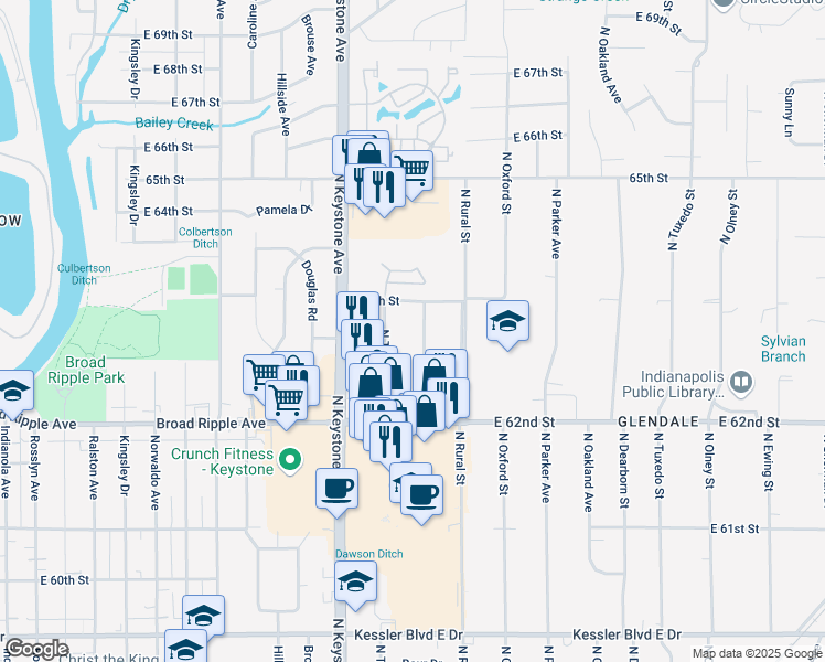 map of restaurants, bars, coffee shops, grocery stores, and more near 6316 North Temple Avenue in Indianapolis