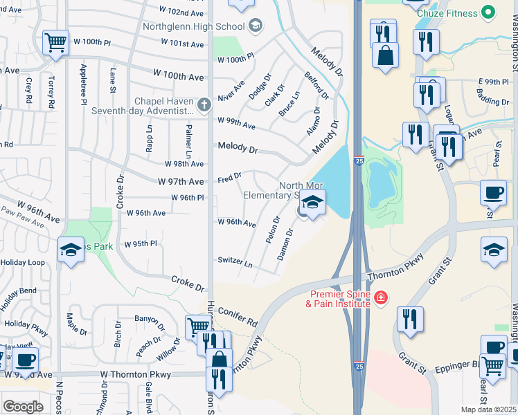 map of restaurants, bars, coffee shops, grocery stores, and more near 9629 Lou Drive in Northglenn