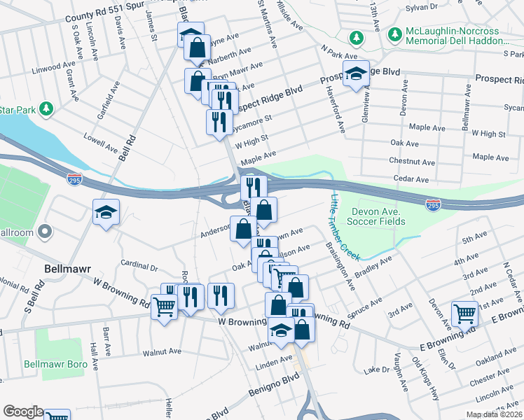map of restaurants, bars, coffee shops, grocery stores, and more near 6 Hendrickson Avenue in Bellmawr