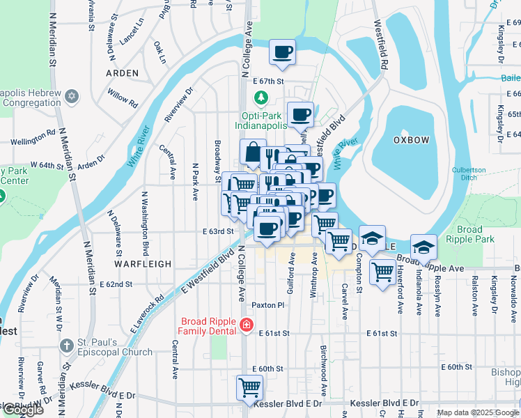 map of restaurants, bars, coffee shops, grocery stores, and more near 712 East 63rd Place in Indianapolis