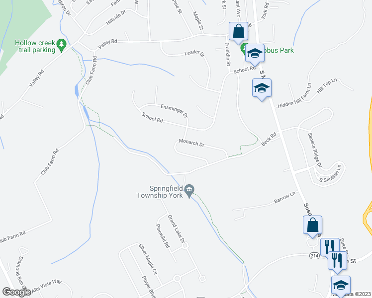 map of restaurants, bars, coffee shops, grocery stores, and more near 613 Monarch Dr in York