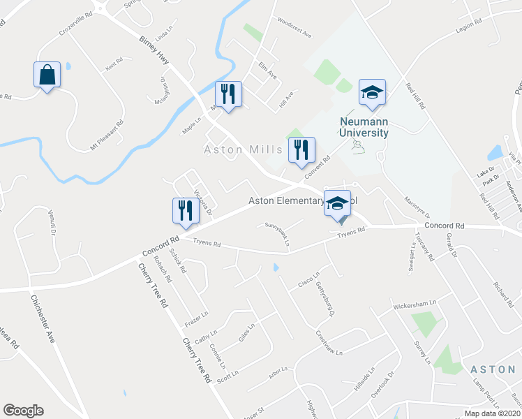 map of restaurants, bars, coffee shops, grocery stores, and more near 4201 Concord Road in Aston