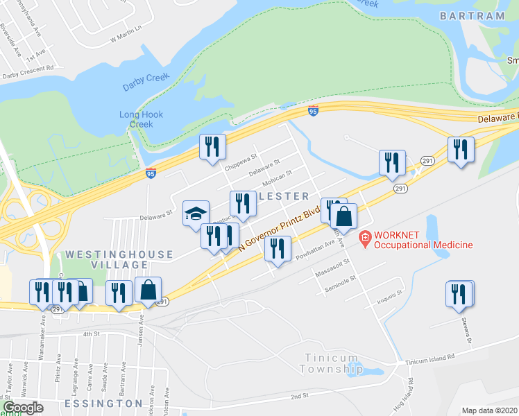 map of restaurants, bars, coffee shops, grocery stores, and more near 218 Pontiac Street in Tinicum Township