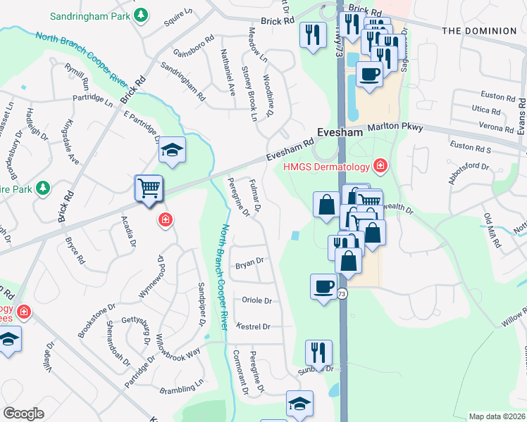 map of restaurants, bars, coffee shops, grocery stores, and more near 50 Fulmar Drive in Voorhees Township