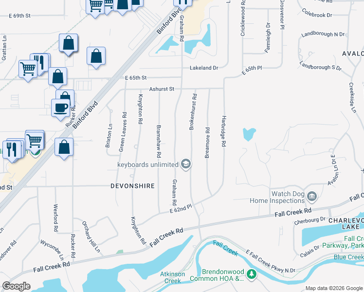 map of restaurants, bars, coffee shops, grocery stores, and more near 6319 Graham Road in Indianapolis