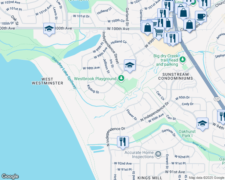 map of restaurants, bars, coffee shops, grocery stores, and more near 9703 Kipling Street in Westminster