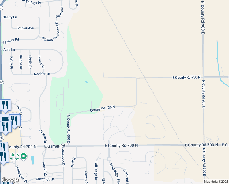 map of restaurants, bars, coffee shops, grocery stores, and more near 8360 County Road 725 North in Brownsburg