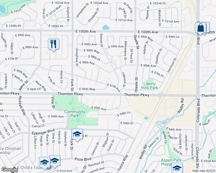 map of restaurants, bars, coffee shops, grocery stores, and more near 2754 East 97th Avenue in Thornton