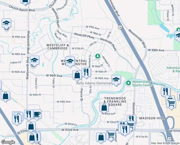 map of restaurants, bars, coffee shops, grocery stores, and more near 6632 West 96th Place in Westminster