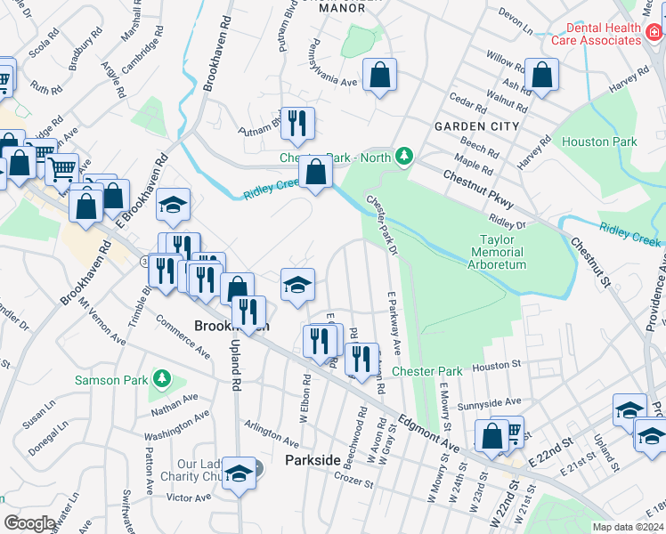 map of restaurants, bars, coffee shops, grocery stores, and more near 125 East Chelton Road in Brookhaven