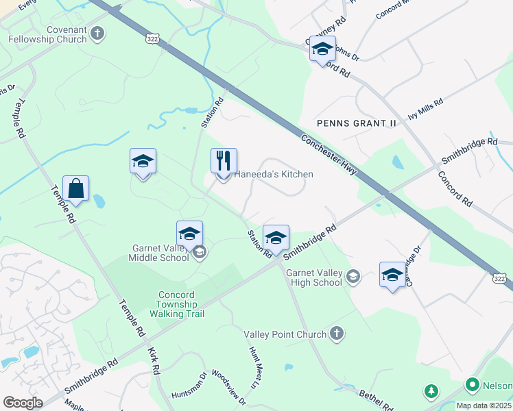 map of restaurants, bars, coffee shops, grocery stores, and more near 3 Hibberd Road in Glen Mills