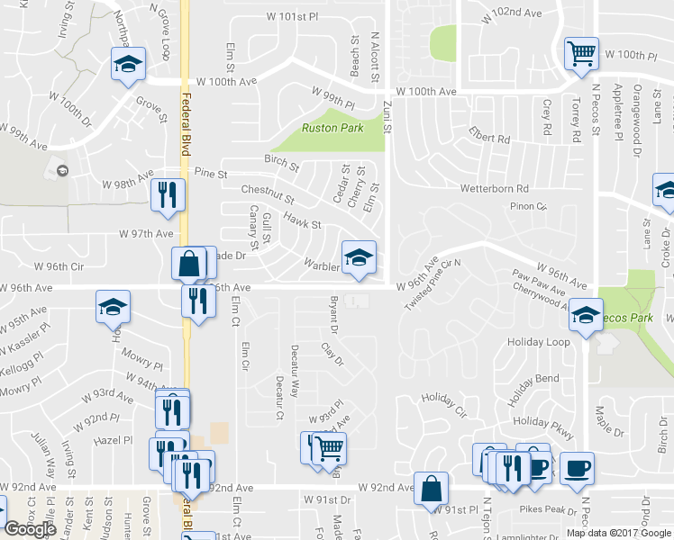 map of restaurants, bars, coffee shops, grocery stores, and more near 2750 Warbler Street in Denver