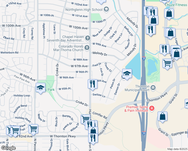 map of restaurants, bars, coffee shops, grocery stores, and more near 707 West 96th Avenue in Thornton